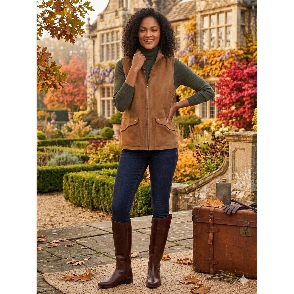 Lauren Ralph Laurenâ Tan Faux Suede Zip Front Mock Neck Vest Brown Womens Medium